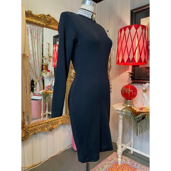 1980s black wool bandage dress backless beaded mock neck ruched 80s body con med - Picture 4 of 11